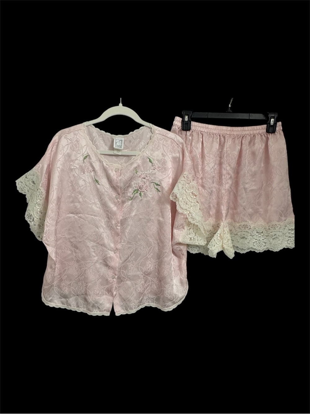 VTG Eve Stillman Pink/Lace 2 PC Pajama Short Set Size L Floral Embroidered